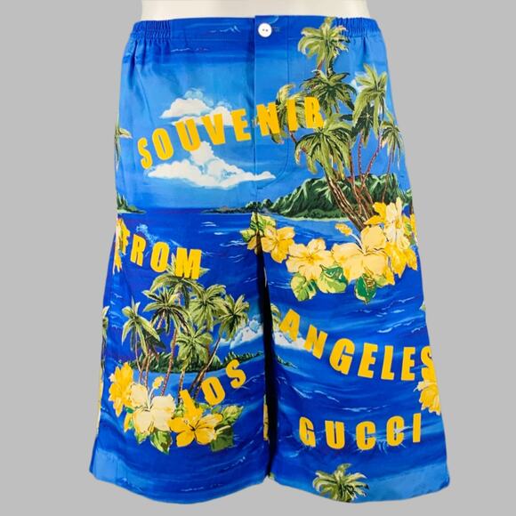 GUCCI Size 30 Blue Yellow Hawaiian Cotton Bermuda Shorts - Picture 1 of 5